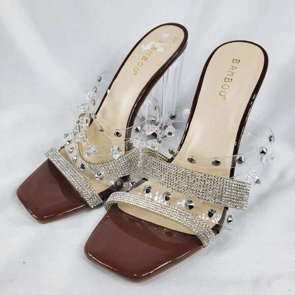 Bamboo Women's Slash -10 Clear Rhinestone High Heels Strappy Size 7.5 - Picture 5 of 11